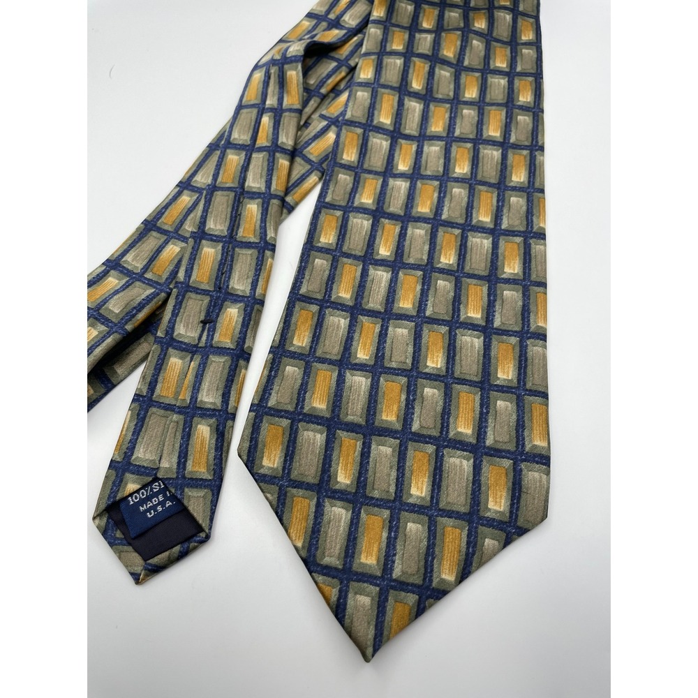 Cocktail Colors Mens Silk Tie Geometric Grid Gold Navy Olive Made in USA 3.75"